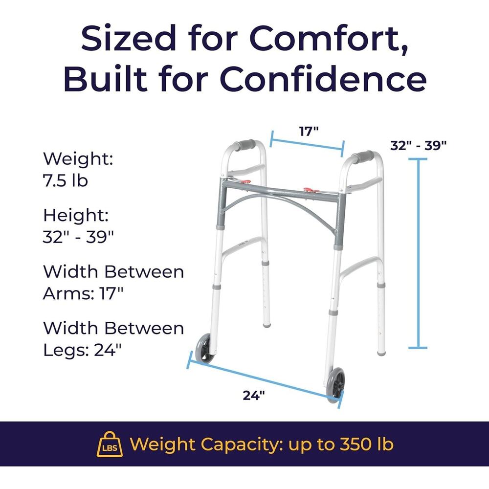 Drive Medical Two-Button Folding Walker Wheels Lightweight Silver New in Box - Picture 7 of 10
